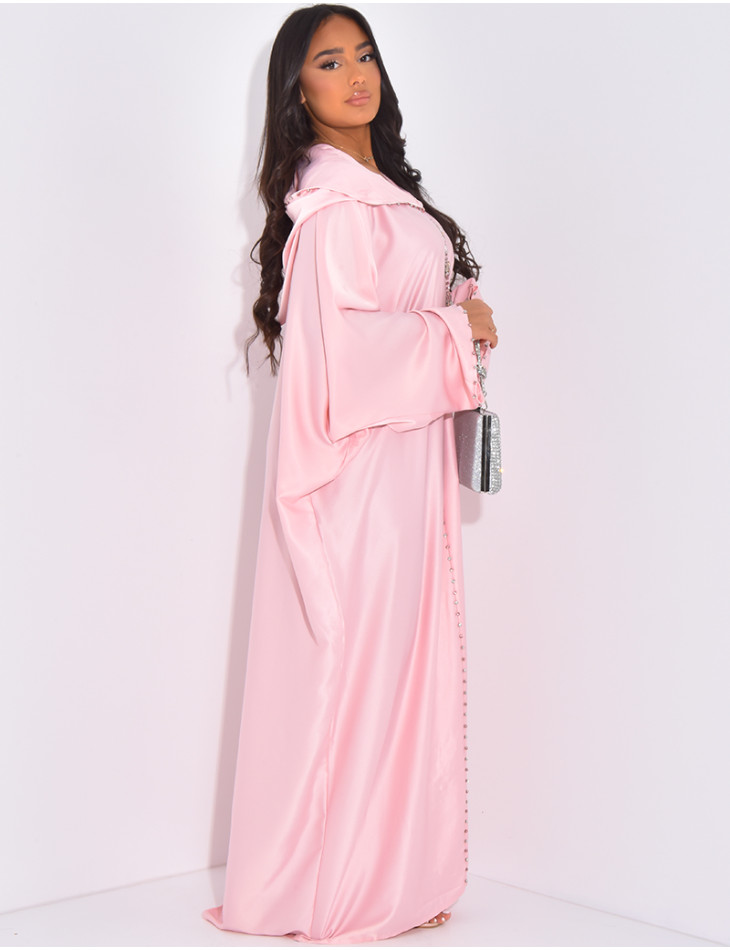 Hochwertige, handbestickte Abaya aus Kristallsatin mit Kapuze