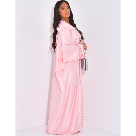 Hochwertige, handbestickte Abaya aus Kristallsatin mit Kapuze