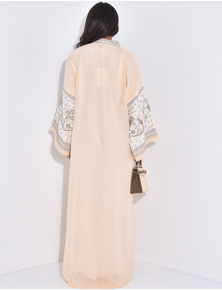 Abaya premium en lin à broderies & strass cousus mains