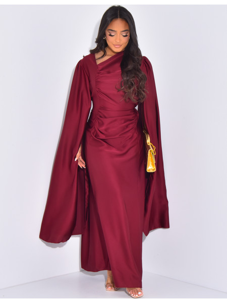 Gathered satin long dress with long sleeves
