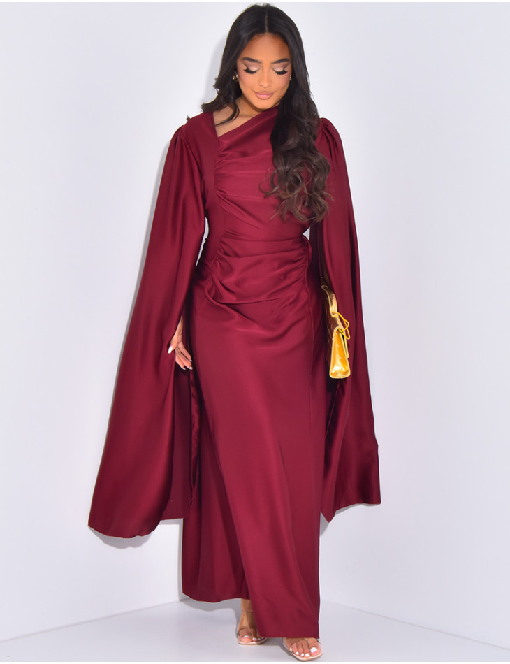 Gathered satin long dress with long sleeves