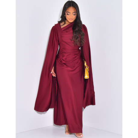 Gathered satin long dress with long sleeves