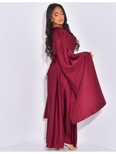Gathered satin long dress with long sleeves