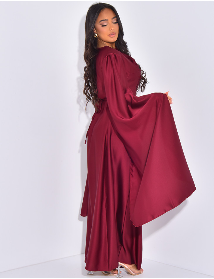 Gathered satin long dress with long sleeves