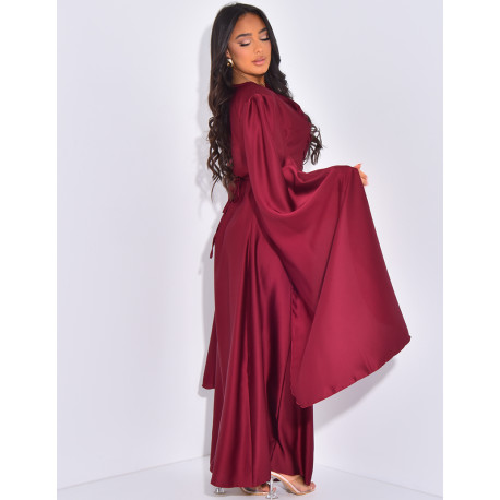 Gathered satin long dress with long sleeves