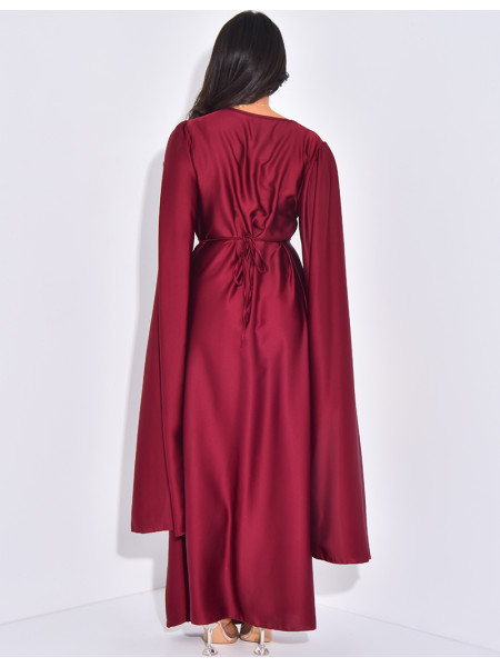 Gathered satin long dress with long sleeves