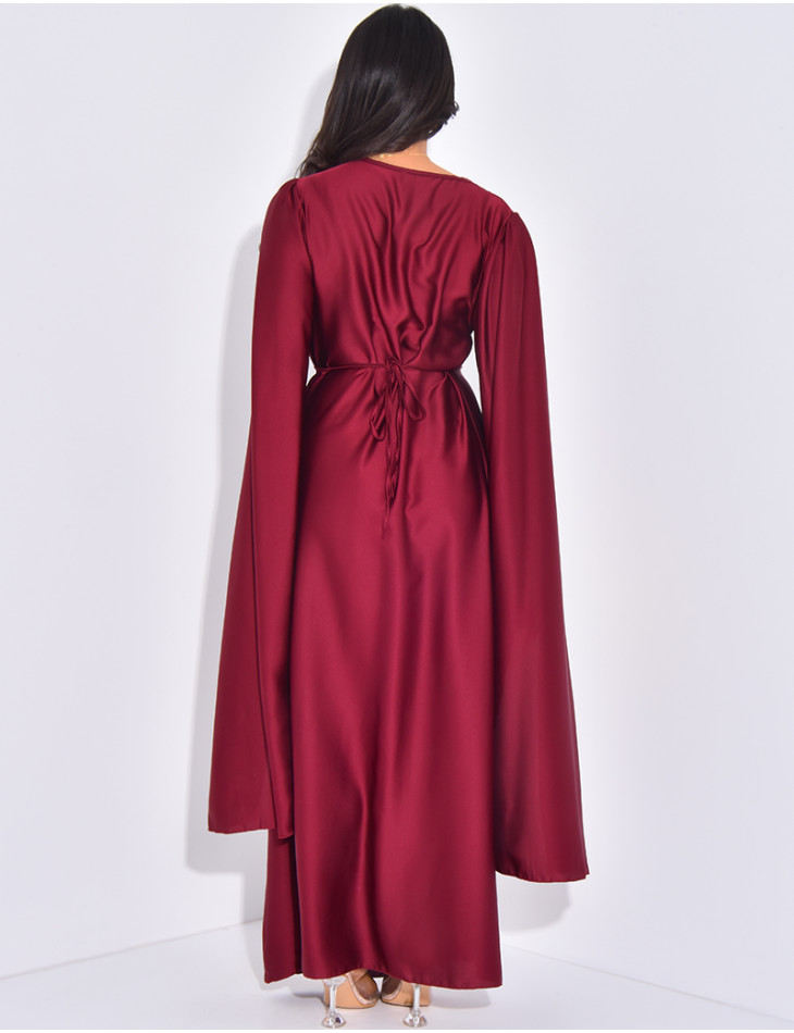 Gathered satin long dress with long sleeves