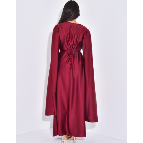 Gathered satin long dress with long sleeves