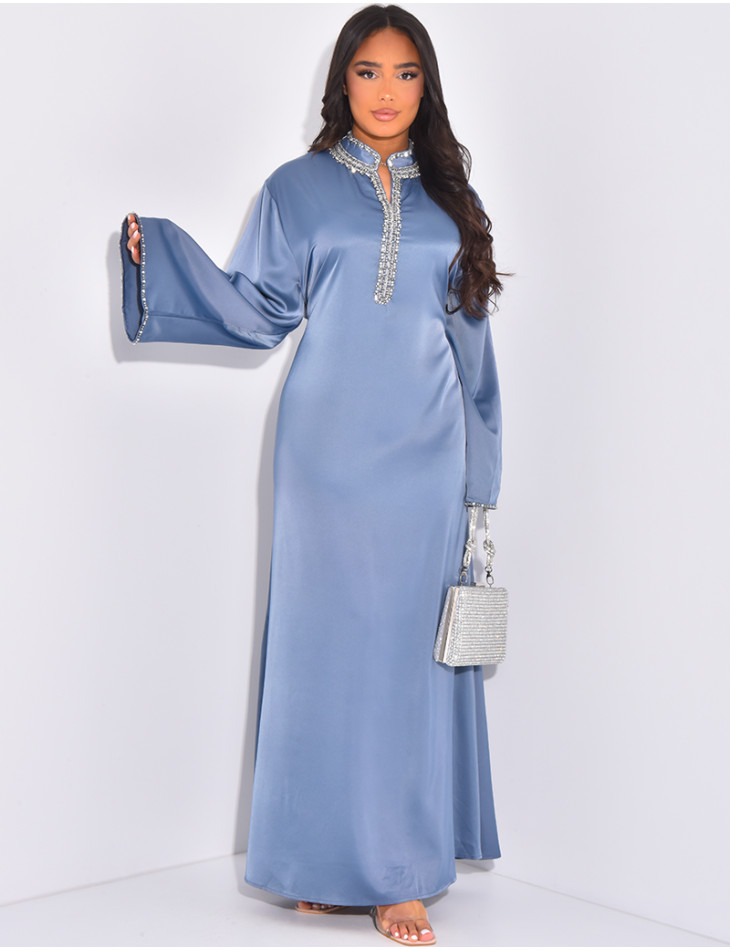 Premium satin abaya with hand embroidered crystals & waist belt