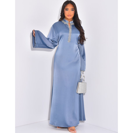 Premium satin abaya with hand embroidered crystals & waist belt