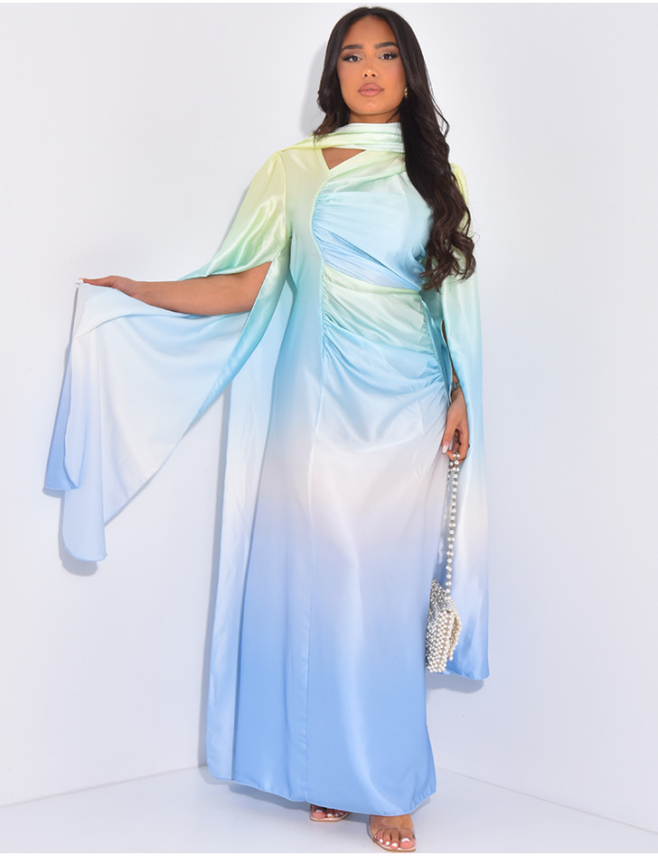 Tie-dye gathered dress and matching shawl set