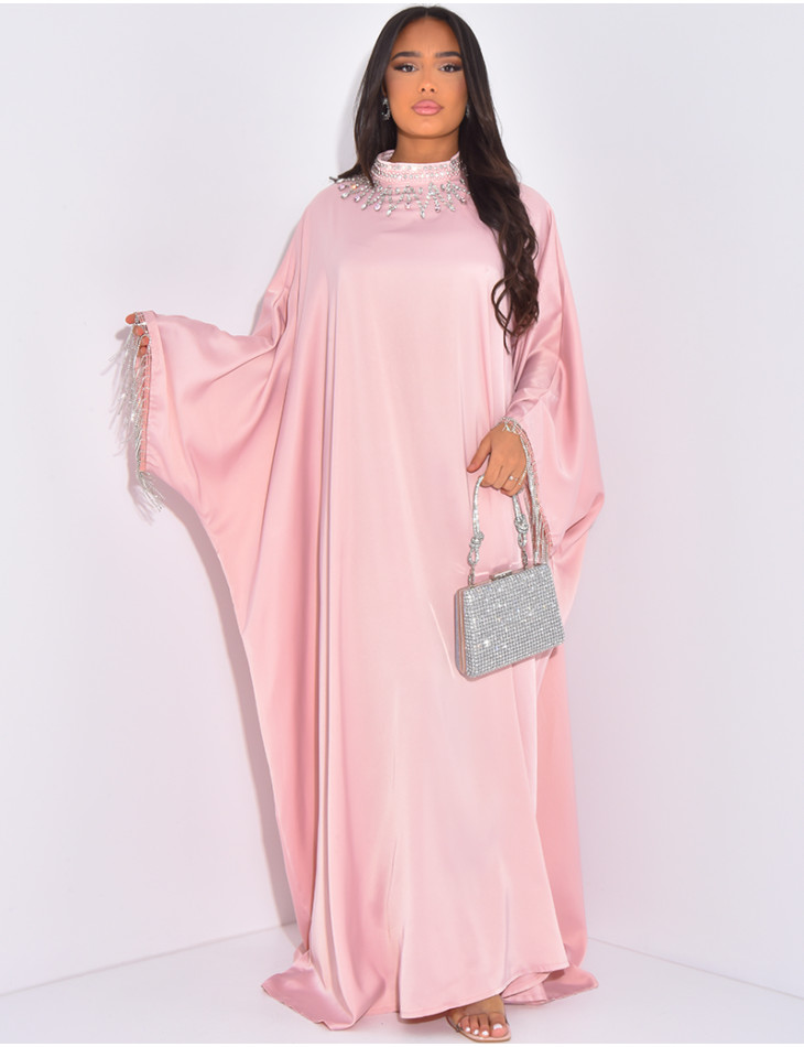 Premium satin abaya with rhinestone and crystal collar