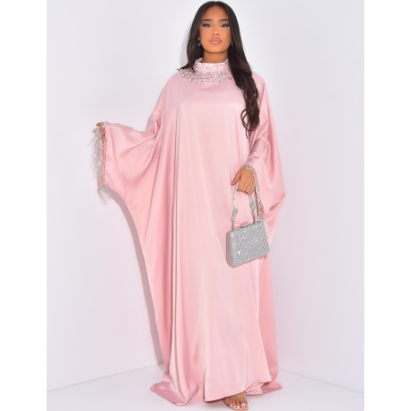 Premium satin abaya with rhinestone and crystal collar