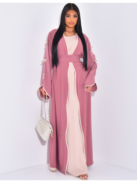 Ensemble robe sans manche et kimono à noeuds contrastants