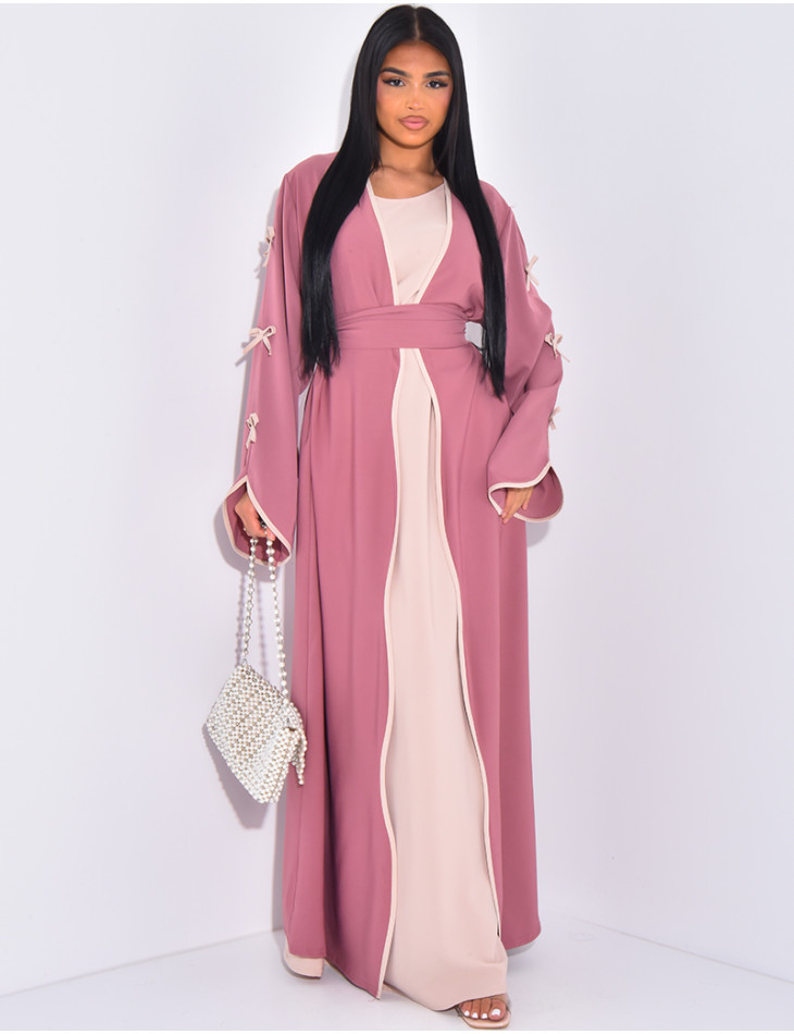 Ensemble robe sans manche et kimono à noeuds contrastants