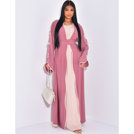 Ensemble robe sans manche et kimono à noeuds contrastants