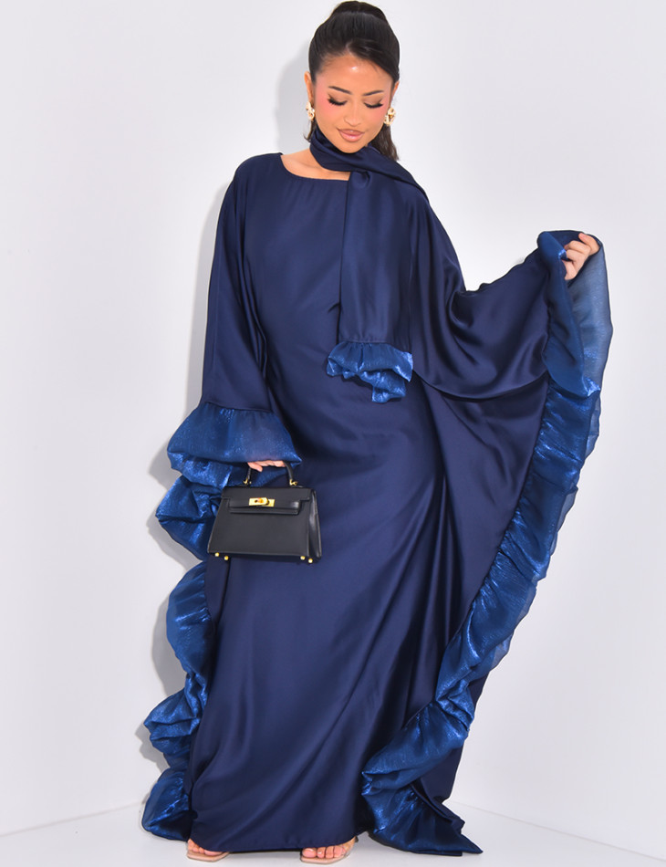 Abaya papillon à volants sur les bords et écharpe au col