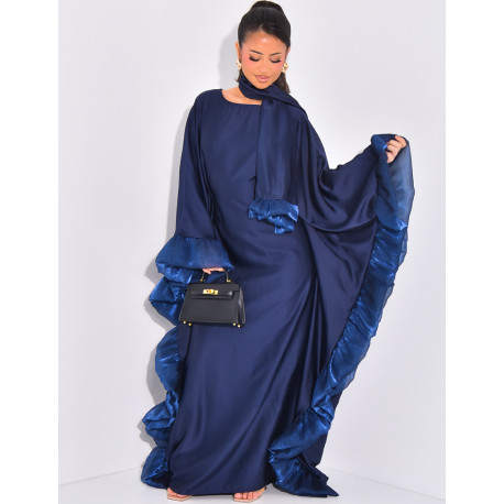 Abaya papillon à volants sur les bords et écharpe au col