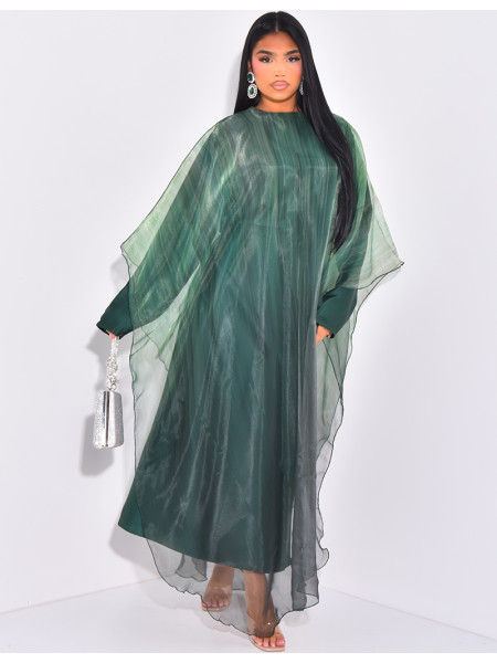 Abaya mit Unterkleid aus Satin und bedrucktem Umhang aus irisierendem Voile.