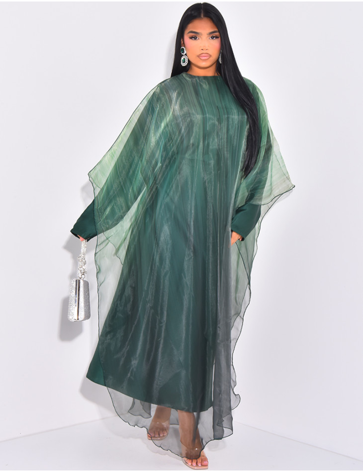 Abaya mit Unterkleid aus Satin und bedrucktem Umhang aus irisierendem Voile.