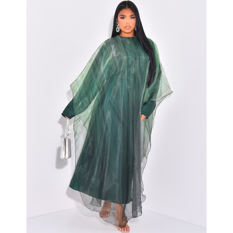 Abaya mit Unterkleid aus Satin und bedrucktem Umhang aus irisierendem Voile.