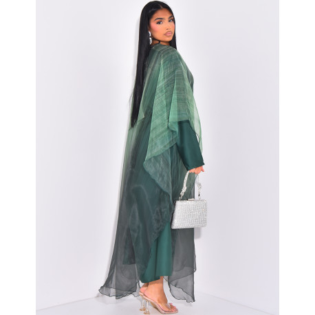 Abaya mit Unterkleid aus Satin und bedrucktem Umhang aus irisierendem Voile.