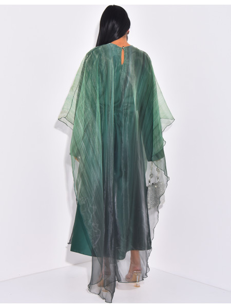 Abaya mit Unterkleid aus Satin und bedrucktem Umhang aus irisierendem Voile.