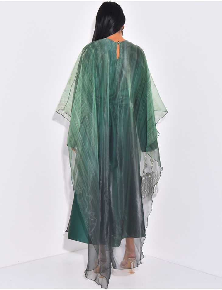 Abaya mit Unterkleid aus Satin und bedrucktem Umhang aus irisierendem Voile.