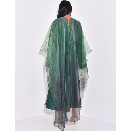 Abaya mit Unterkleid aus Satin und bedrucktem Umhang aus irisierendem Voile.