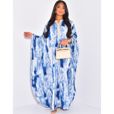 Abaya with flower and rhinestone patterns