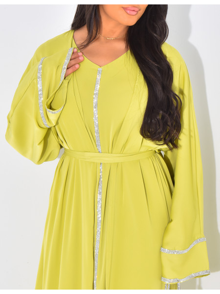 Ensemble robe sans manche et kimono à liseré en strass