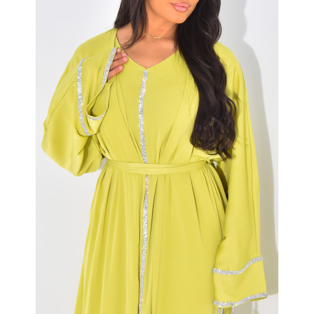 Ensemble robe sans manche et kimono à liseré en strass