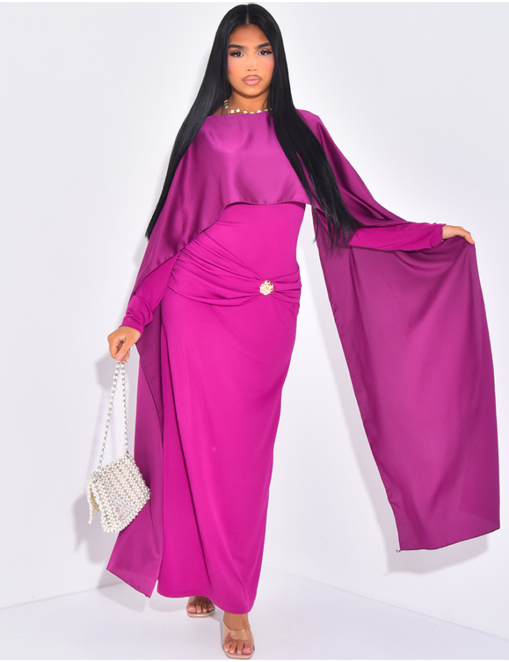 Moulding dress with satin cape and waist brooch