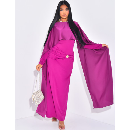 Moulding dress with satin cape and waist brooch