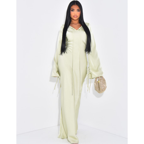 Very long dress in premium satin with tie fastening