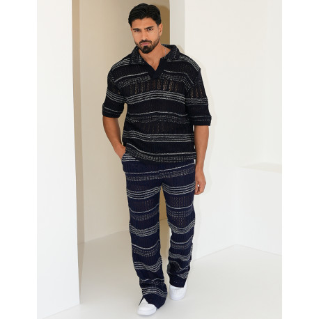 Openwork polo shirt and pant set