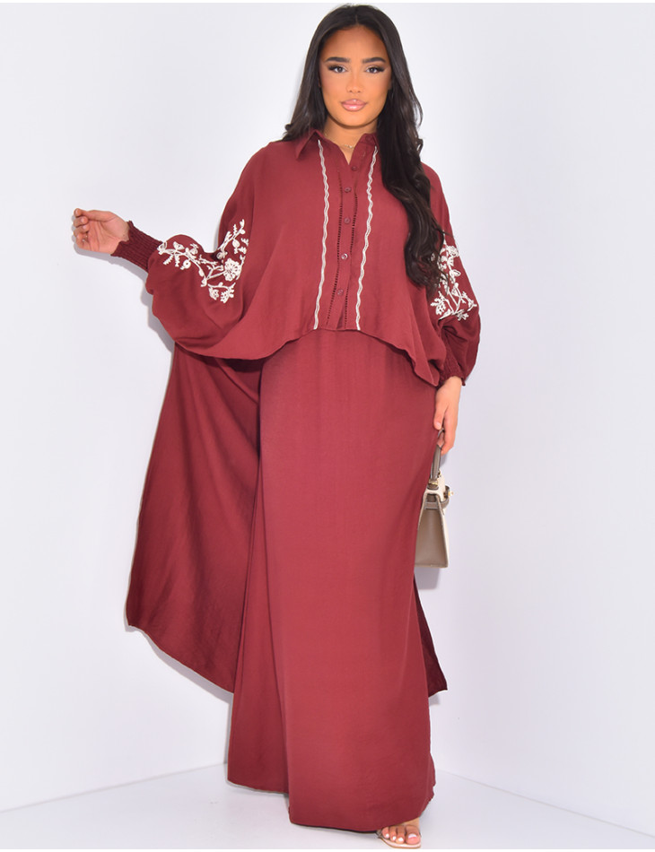 Ensemble chemise longue brodée et sous robe effet lin
