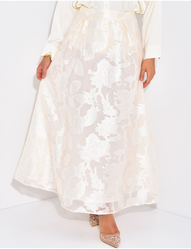High-waisted long skirt in patterned lined voile