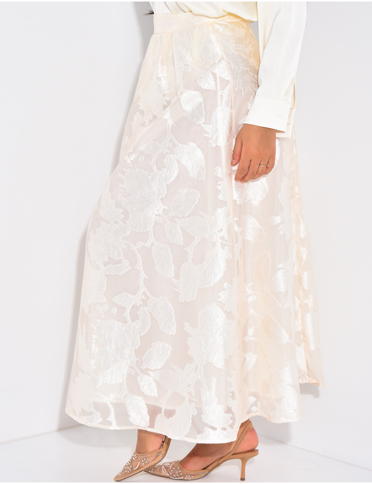 High-waisted long skirt in patterned lined voile