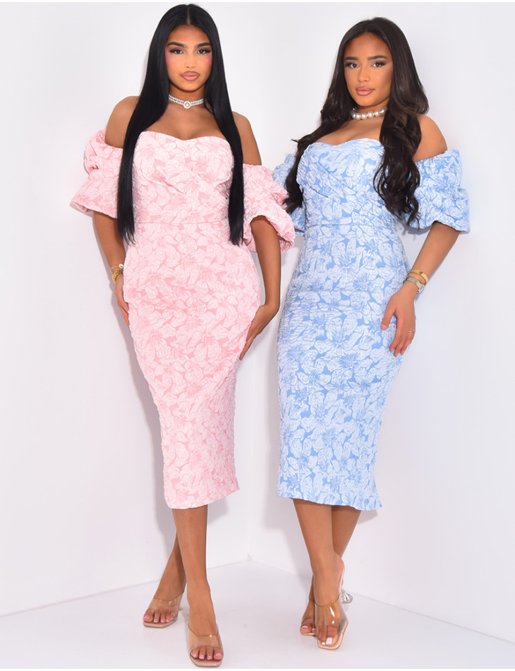 Mid-length bardot-neck dress with embossed motifs