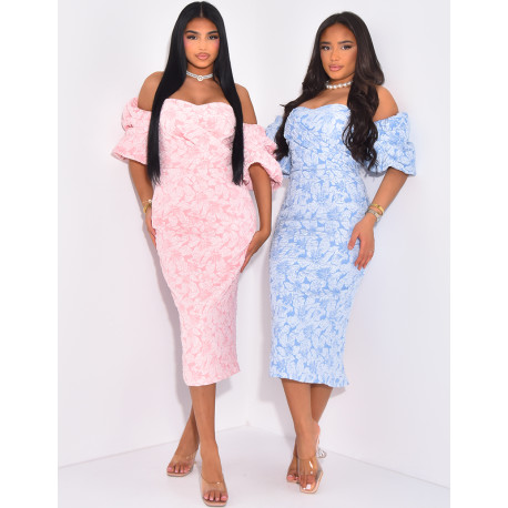 Mid-length bardot-neck dress with embossed motifs