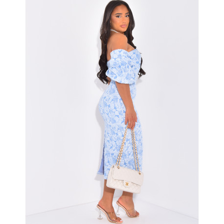 Robe mi-longue col bardot à motifs en relief