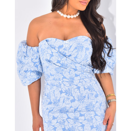 Robe mi-longue col bardot à motifs en relief