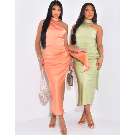 mid-length satin dress with shawl collar