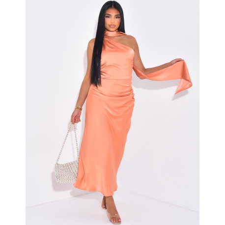 mid-length satin dress with shawl collar