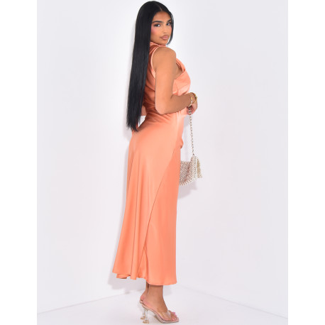 mid-length satin dress with shawl collar