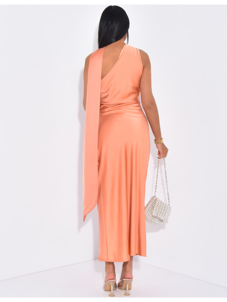 mid-length satin dress with shawl collar