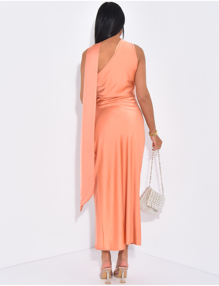 mid-length satin dress with shawl collar