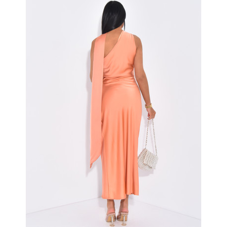 mid-length satin dress with shawl collar