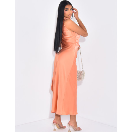 mid-length satin dress with shawl collar